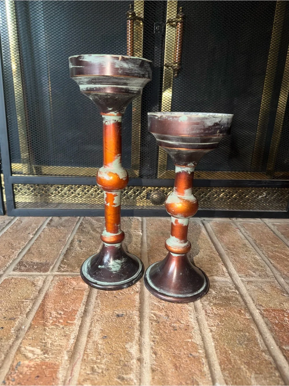 Rustic Distressed Brown & Turquoise Candle Holders - Home Accents
